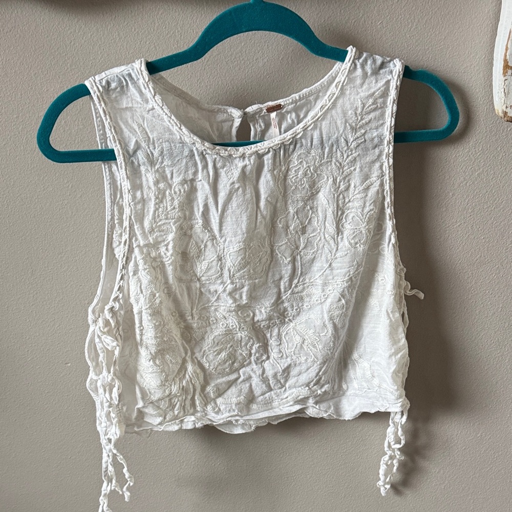 Free People White Embroidered Sleeveless Crop Top